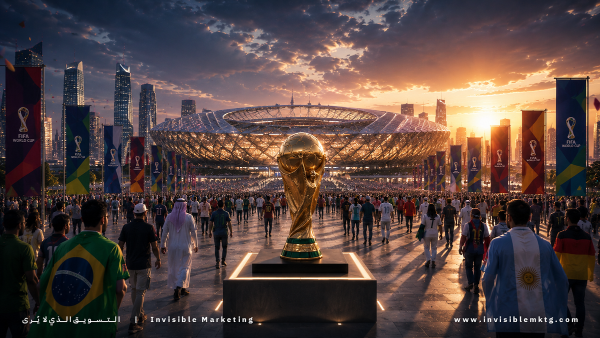 جماهير من دول متعددة تتجه نحو ملعب حديث في كأس العالم مع مجسم للكأس في المقدمة وأفق مدينة مضاء وقت الغروب.