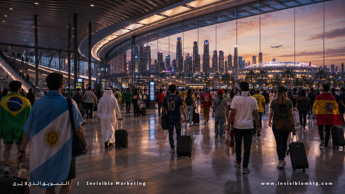 جماهير من دول متعددة تصل إلى مدينة مضيفة لكأس العالم داخل محطة حديثة تطل على ملعب وأفق حضري عند الغروب.