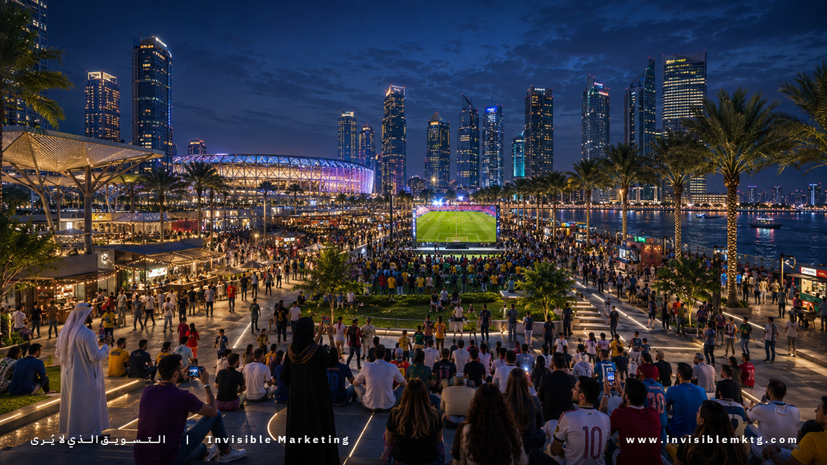 جماهير تشاهد مباراة كأس العالم في منطقة مشجعين مفتوحة على واجهة بحرية حديثة وسط أضواء المدينة ليلًا.