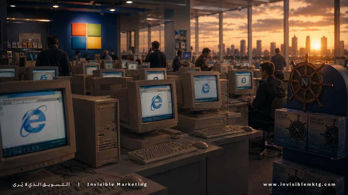 صالة حواسيب من تسعينيات القرن الماضي تعرض أجهزة كثيرة يعمل عليها إنترنت إكسبلورر (Internet Explorer)، بينما تظهر منتجات نتسكيب (Netscape) على رف جانبي كخيار يحتاج إلى خطوة إضافية.